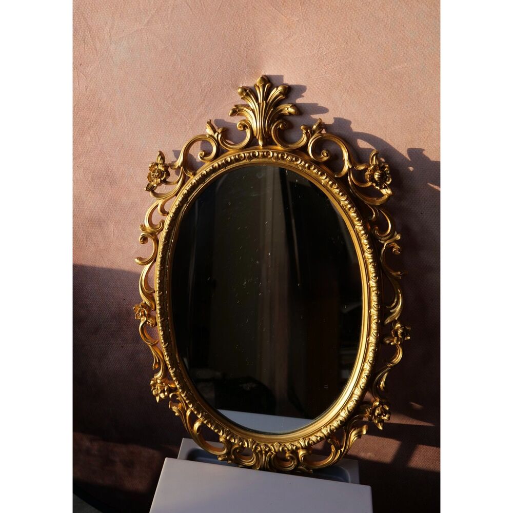 Ornate Gold Oval Wall Mirror Hollywood Regency Floral Scrollwork